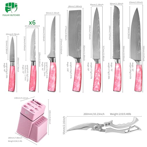 FULLHI 14pcs Block Knife Set, Chef's Knife Steak Knives Set with Block and Sharpener, Kitchen Knife Set, Multi-colour Handle, Gifts for Men Women - Image 2