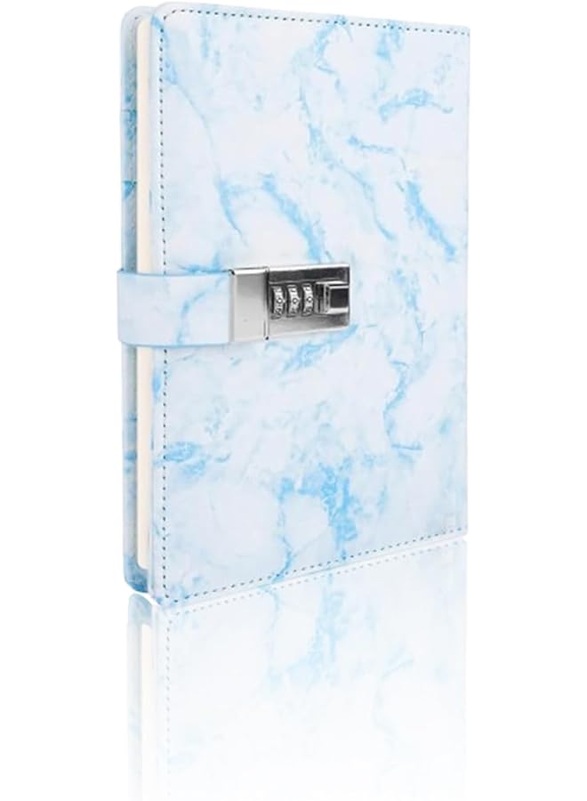 إيروريكس دفتر يوميات رخامي مع قفل قابل لإعادة التعبئة بحجم A5، 192 صفحة، دفتر يوميات بقفل مركب للفتيات والنساء والمراهقات، تصميم أزرق - Image 1