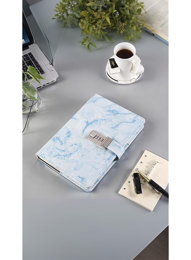 إيروريكس دفتر يوميات رخامي مع قفل قابل لإعادة التعبئة بحجم A5، 192 صفحة، دفتر يوميات بقفل مركب للفتيات والنساء والمراهقات، تصميم أزرق - Image 2