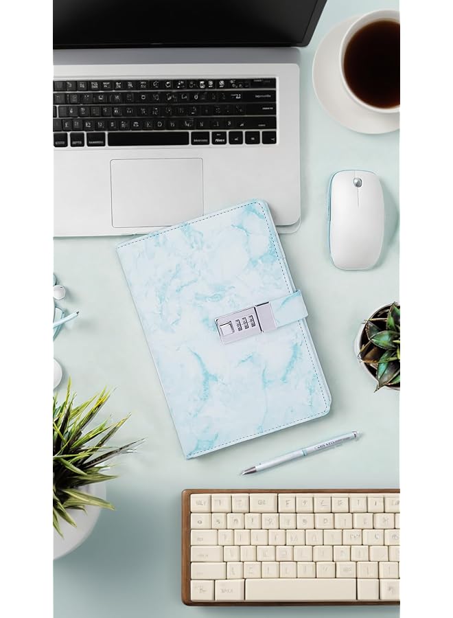 إيروريكس دفتر يوميات رخامي مع قفل قابل لإعادة التعبئة بحجم A5، 192 صفحة، دفتر يوميات بقفل مركب للفتيات والنساء والمراهقات، تصميم أزرق - Image 3