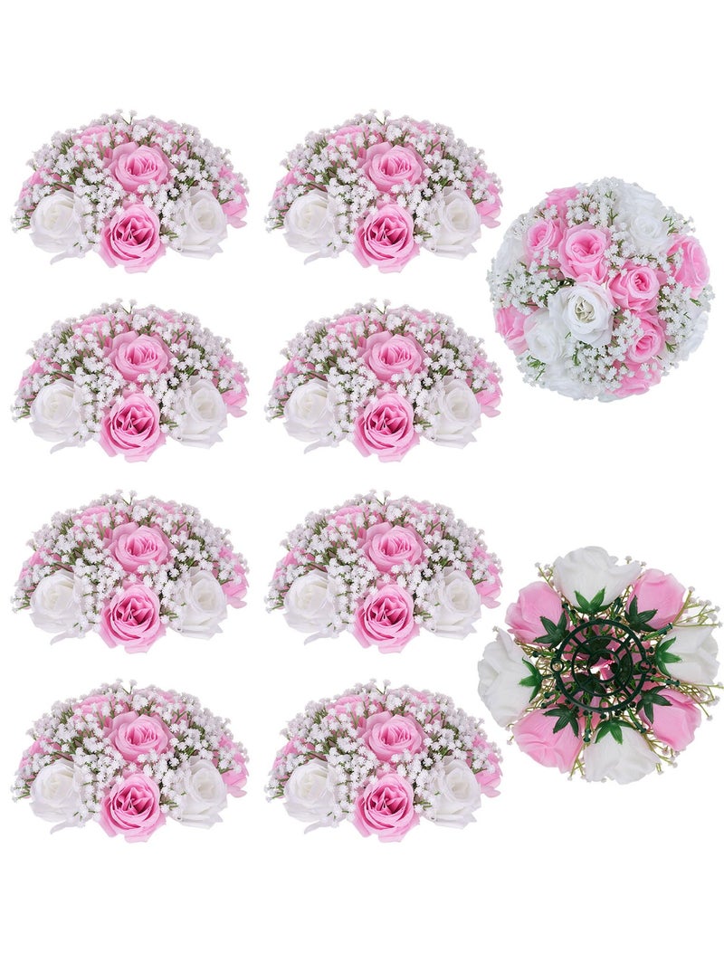 BLOSMON Flowers Balls Wedding Centerpiece: 10 Pcs Pink Rose Babys Breath Artificial Flowers for Table Decorations Silk Kissing Floral Bouquet Arrangements for Home Party DIY Decor - Image 1