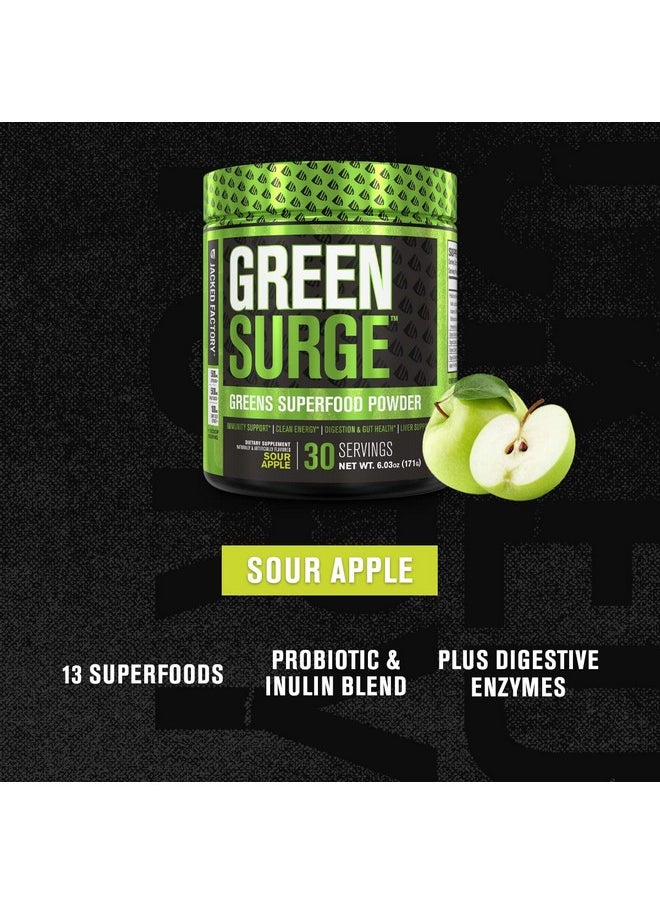 Jacked Factory مسحوق مكمل غذائي أخضر فائق الجودة من Green Surge، مشروب أخضر صديق للكيتو مع سبيرولينا، عشب القمح والشعير، خضروات عضوية، مستخلص الشاي الأخضر، البروبيوتيك والإنزيمات الهضمية، تفاح حامض، 30 سيفرت  - Image 3