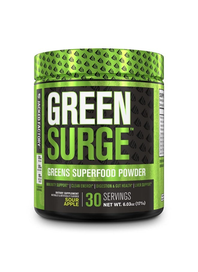 Jacked Factory مسحوق مكمل غذائي أخضر فائق الجودة من Green Surge، مشروب أخضر صديق للكيتو مع سبيرولينا، عشب القمح والشعير، خضروات عضوية، مستخلص الشاي الأخضر، البروبيوتيك والإنزيمات الهضمية، تفاح حامض، 30 سيفرت  - Image 1