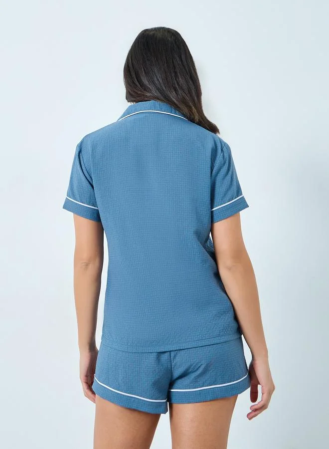 Take Two Blue Blue Contrast Piping Shirt and Shorts Set for Women | Best Price UAE