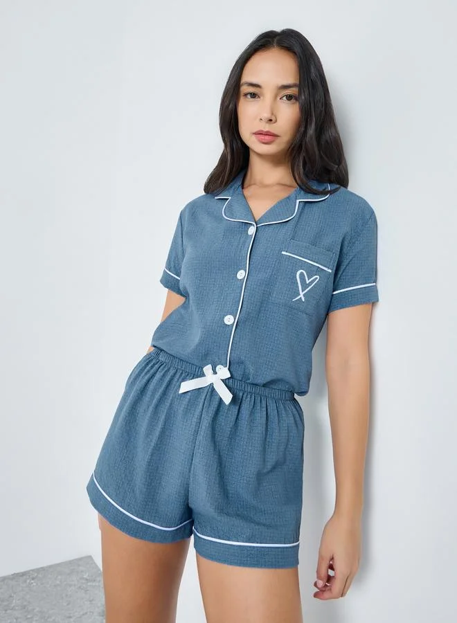 Take Two Blue Blue Contrast Piping Shirt and Shorts Set for Women | Best Price UAE