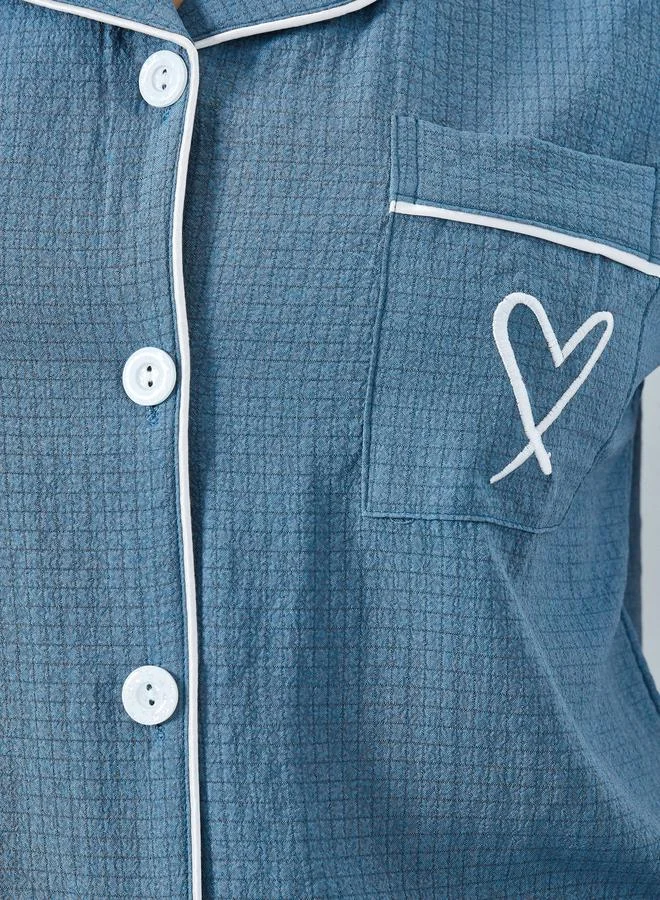 Take Two Blue Blue Contrast Piping Shirt and Shorts Set for Women | Best Price UAE