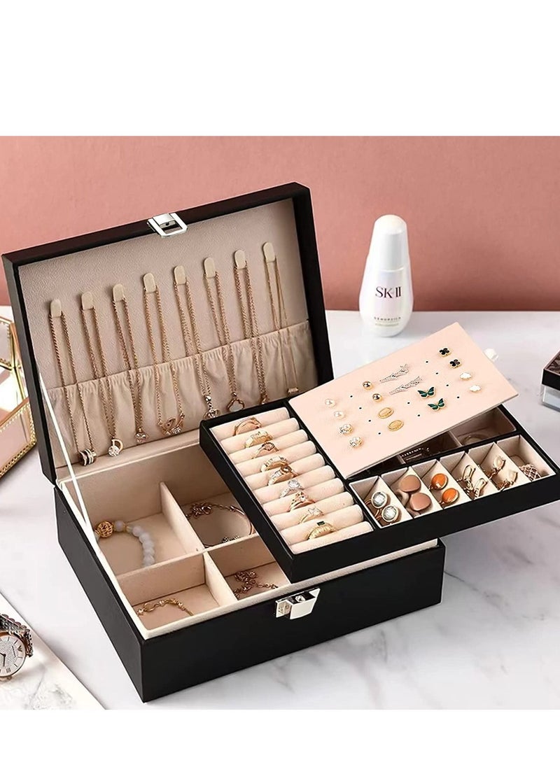 MIXDE - Jewelry Box Organizer for Women Girls Wife Ideal Gift, Double Layer Jewelry Storage Case Display Earrings Bracelets Rings Necklaces, PU Leather & Soft Velvet Lined Jewelry Box, Black - Image 1