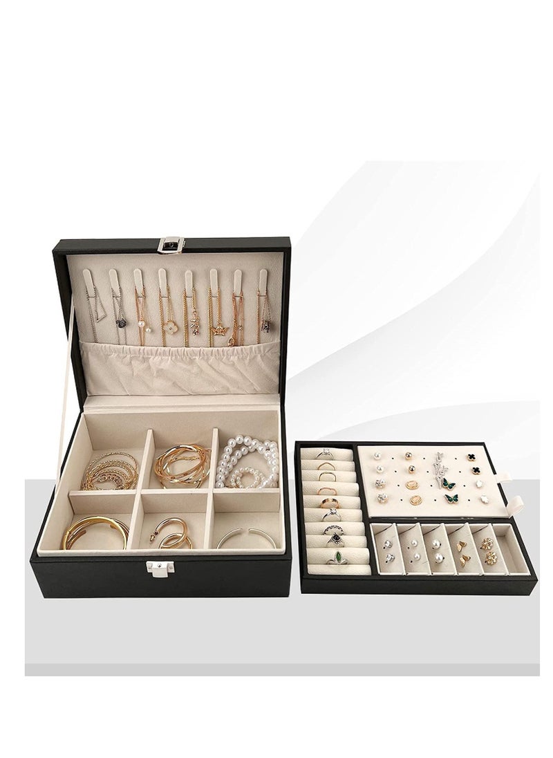MIXDE - Jewelry Box Organizer for Women Girls Wife Ideal Gift, Double Layer Jewelry Storage Case Display Earrings Bracelets Rings Necklaces, PU Leather & Soft Velvet Lined Jewelry Box, Black - Image 1