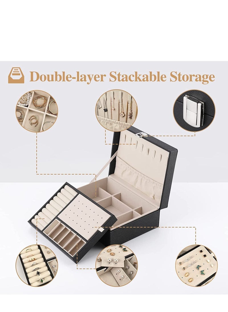 MIXDE - Jewelry Box Organizer for Women Girls Wife Ideal Gift, Double Layer Jewelry Storage Case Display Earrings Bracelets Rings Necklaces, PU Leather & Soft Velvet Lined Jewelry Box, Black - Image 1