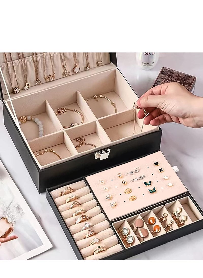 MIXDE - Jewelry Box Organizer for Women Girls Wife Ideal Gift, Double Layer Jewelry Storage Case Display Earrings Bracelets Rings Necklaces, PU Leather & Soft Velvet Lined Jewelry Box, Black - Image 1