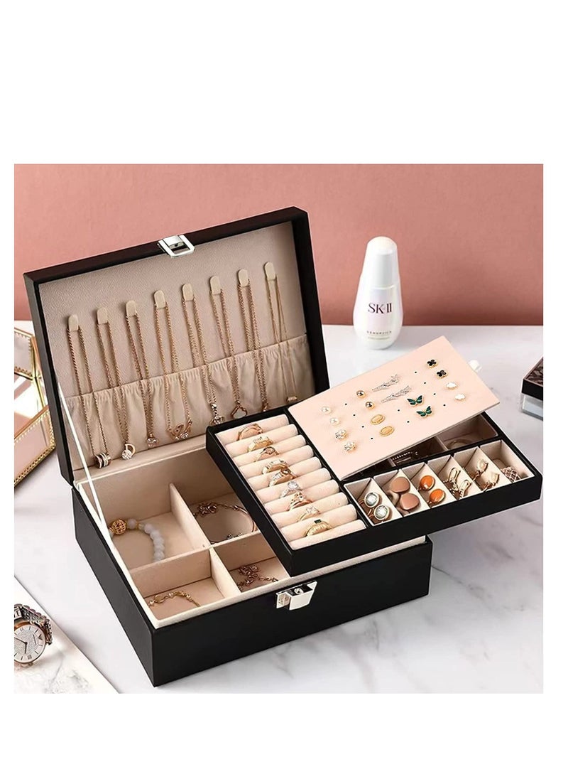 MIXDE - Jewelry Box Organizer for Women Girls Wife Ideal Gift, Double Layer Jewelry Storage Case Display Earrings Bracelets Rings Necklaces, PU Leather & Soft Velvet Lined Jewelry Box, Black - Image 1