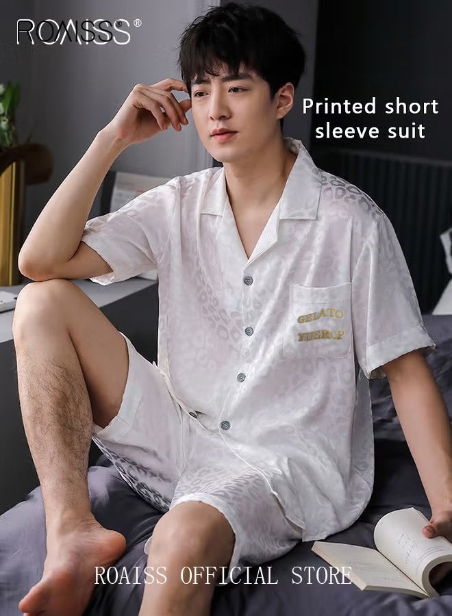 roaiss 2 Piece Short Sleeve Pajamas Outfit for Men, Soft Loungewear Set with Button Down Notch Collar Top and Elastic Waist Shorts, Perfect for Sleeping or Lounging Around Your House - Image 1