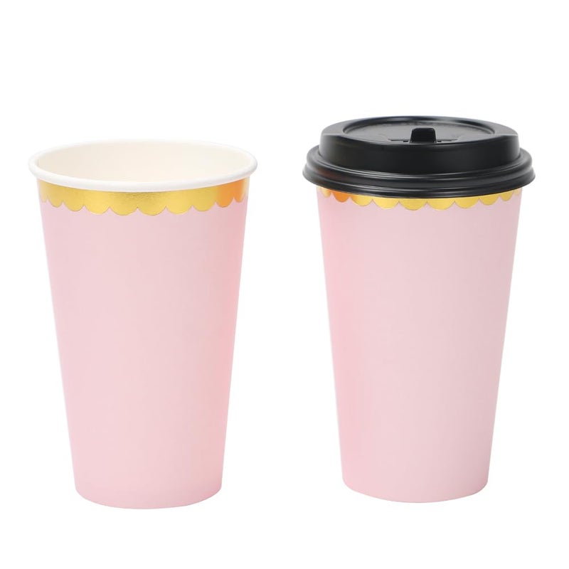 Geeklife 16 oz Pink Gold Paper Disposable Coffee Cups,Hot and Cold Beverage Drinking Cups with Scalloped Gold Foil Border,30 pcs Party Paper Cups for Party,Picnic,Wedding, and Events - Image 5