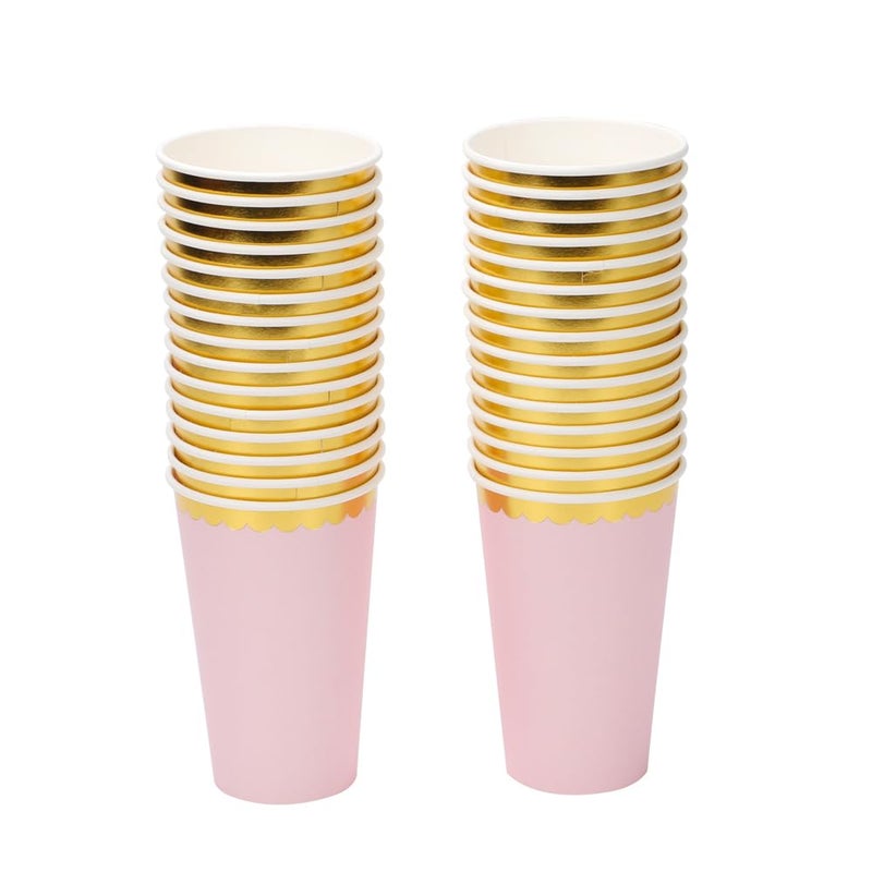 Geeklife 16 oz Pink Gold Paper Disposable Coffee Cups,Hot and Cold Beverage Drinking Cups with Scalloped Gold Foil Border,30 pcs Party Paper Cups for Party,Picnic,Wedding, and Events - Image 1