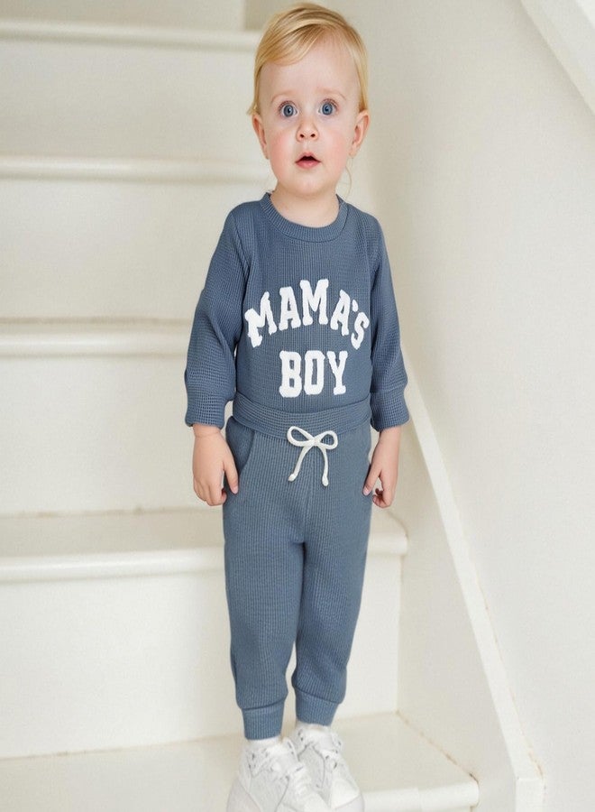 FOMOYUU Newborn Baby Boy Clothes Waffle Letter Embroider Long Sleeve Romper Pullover Tops and Pants Sets Fall Winter Outfits (Blue1, 3-6 Months) - Image 2