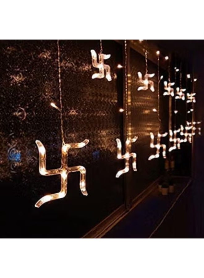 Plastic Warm White Swastik Curtain Light String LED Lights with Pack of 12 Hanging Swastik 8 Flashing Modes for Diwali Decoration 5 Cm