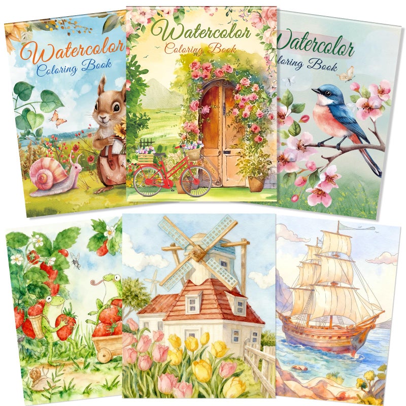 مجموعة كاليسكي من 3 كتب تلوين بالألوان المائية، كتاب تلوين A4 للبالغين والمبتدئين، ورق مضغوط بارد 160 جرامًا للمتر المربع، كتاب تلوين بالألوان المائية للحيوانات والزهور والمناظر الطبيعية - Image 1