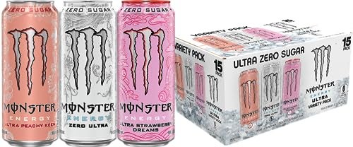 Monster Energy Ultra Variety Pack, Zero Ultra, Ultra Peachy Keen, Ultra Strawberry Dreams, Sugar Free Energy Drink, 16 Ounce (Pack of 15) - Image 1