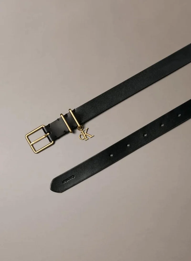 Calvin Klein BLACK / ANTIQUE LIGHT GOLD Leather Signature Logo Charm Belt for Women | Best Price UAE