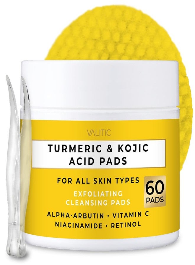 VALITIC Turmeric Kojic Acid Cleansing Pads - Exfoliating Dark Spot Remover for Face with Vitamin C, Alpha Arbutin, Niacinamide and Retinol - Kojic Acid And Turmeric Cleansing Pads - 60 Units - Image 1