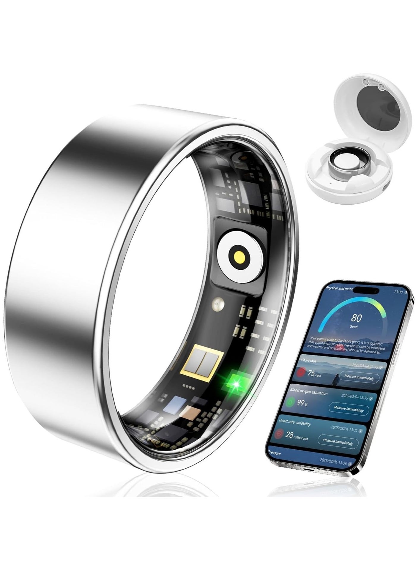 Smart Health Ring for Women Men Fitness Tracker with Heart Rate Blood Pressure,Blood Oxygen Step Counting Sleep Monitoring IP68 Waterproof for iPhone and Android (Silver,8)