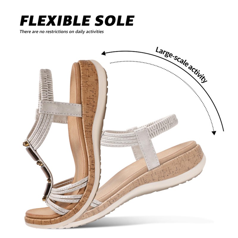 Littleplum Women Flats Sandals Arch Support Open-Toe Casual Summer Low Wedge Shoes for Daily Beach Walking Dressy Comfy Sandals Silver Size 9 - Image 5