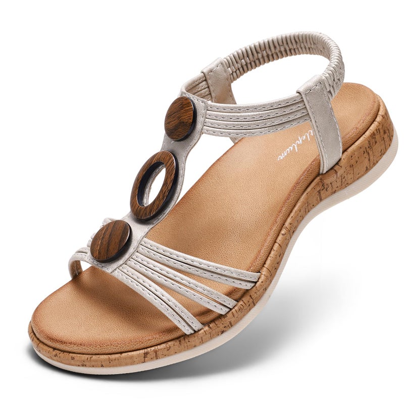 Littleplum Women Flats Sandals Arch Support Open-Toe Casual Summer Low Wedge Shoes for Daily Beach Walking Dressy Comfy Sandals Silver Size 9 - Image 1