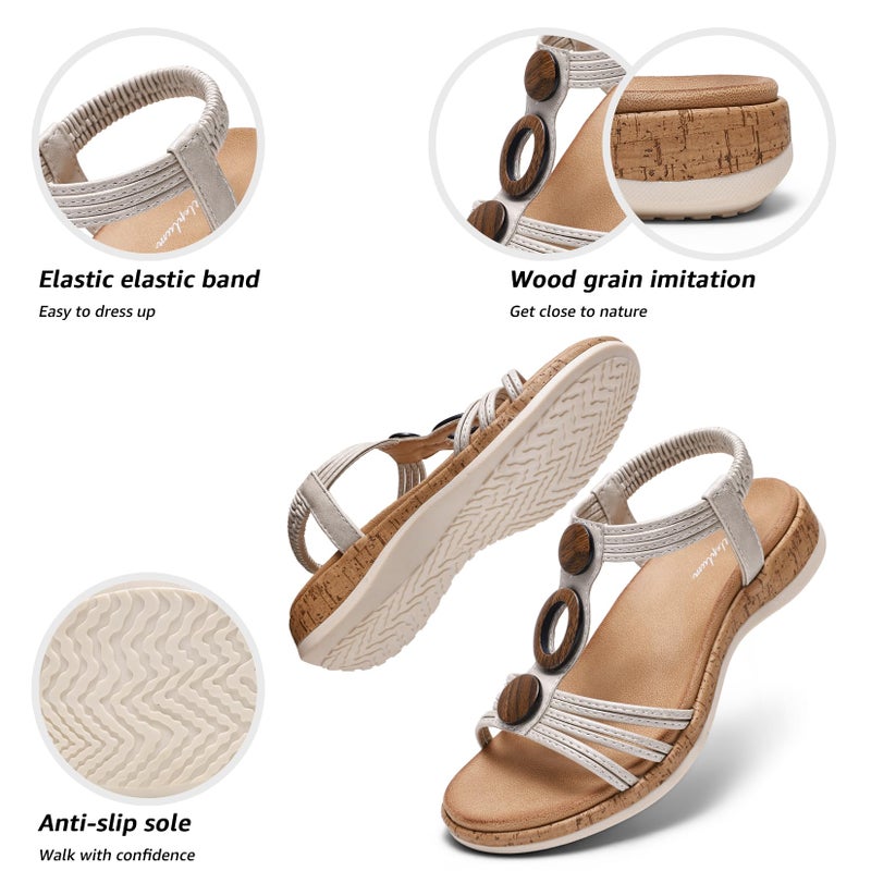 Littleplum Women Flats Sandals Arch Support Open-Toe Casual Summer Low Wedge Shoes for Daily Beach Walking Dressy Comfy Sandals Silver Size 9 - Image 4