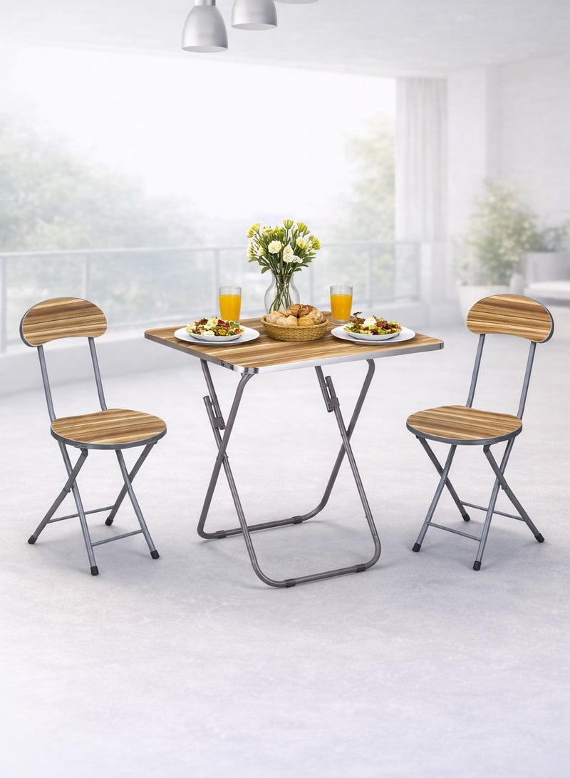 DBLEW Set Of Foldable Wooden Square Table And 2 Folding Chairs Seats Metal Frame For Breakfast Computer Laptop Desk Office Workstation Kitchen Balcony Home Dining Outdoor Picnic Beach Desert Camping - Image 1