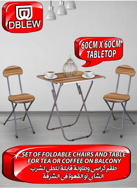 Set Of Foldable Wooden Square Table And 2 Folding Chairs Seats Metal Frame For Breakfast Computer Laptop Desk Office Workstation Kitchen Balcony Home Dining Outdoor Picnic Beach Desert Camping