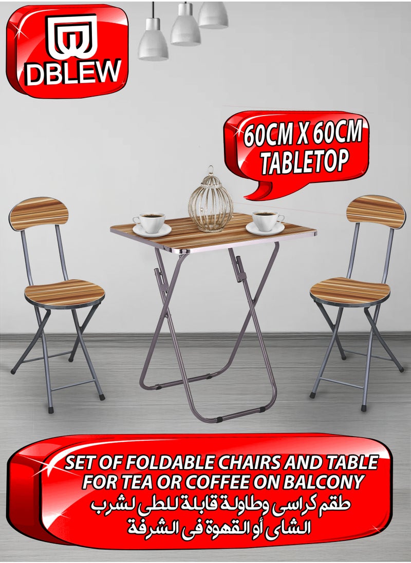 DBLEW - Set Of Foldable Wooden Square Table And 2 Folding Chairs Seats Metal Frame For Breakfast Computer Laptop Desk Office Workstation Kitchen Balcony Home Dining Outdoor Picnic Beach Desert Camping - Image 1