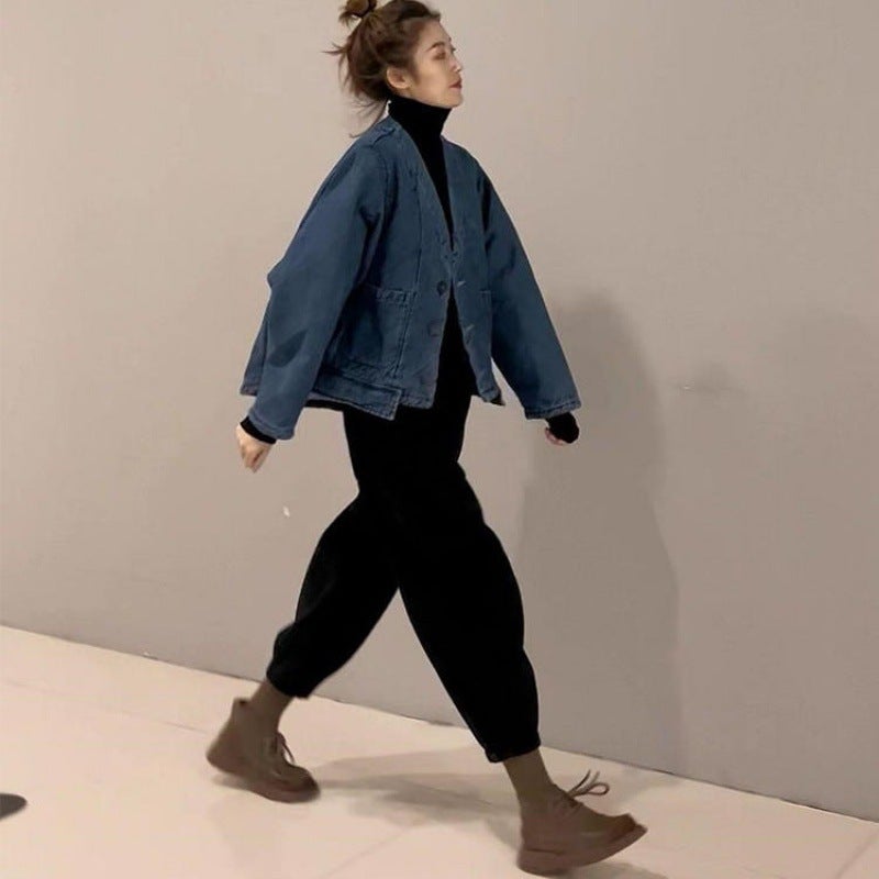Plus Size Womens Early Winter Suit Womens 2023 New Korean Style Flesh-Covering Slim Denim Jacket Harem Pants Two-Piece Set Black casual pants single piece