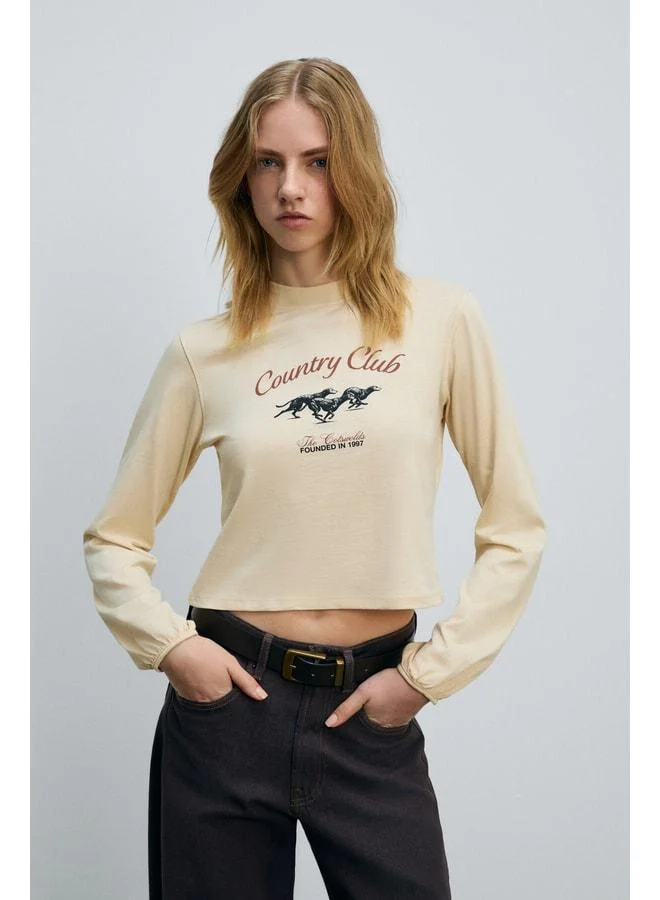 GRIMELANGE TIMBALI Women's 100% cotton soft-fabric printed T‑shirt with elastic balloon sleeves in cream.