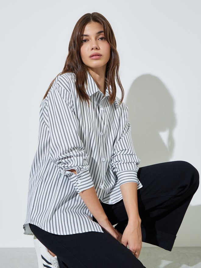 Styli White Striped Oversized Casual Shirt - Image 1