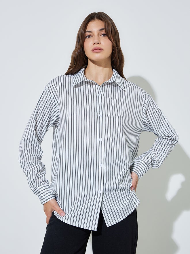 Styli White Striped Oversized Casual Shirt - Image 3