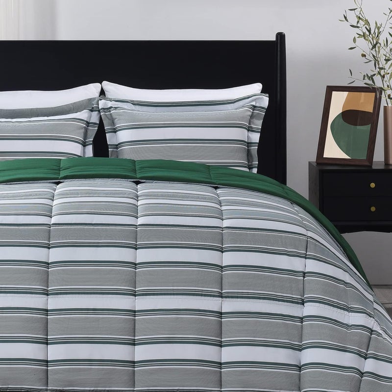 downluxe Queen Comforter Set(88"x92") 3-Piece,Stripes Green Reversible Comforter,2 Reversible Pillow Shams 20"x26",Microfiber Queen Comforter,Soft and Comfortable - Image 2