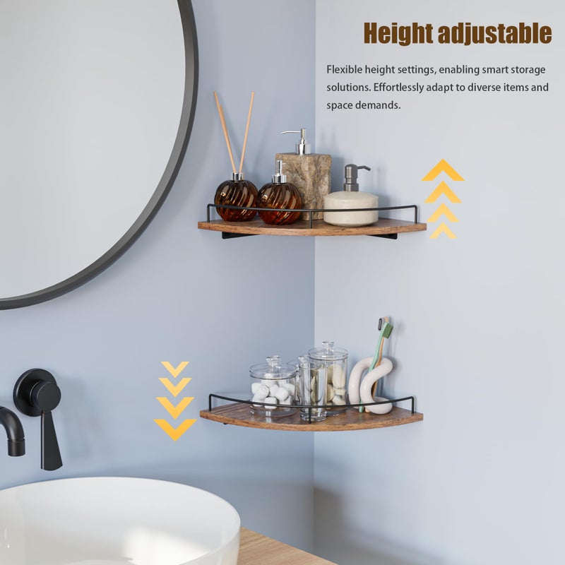 FNBAR Corner Floating Shelves, Rustic Brown Wood, Set of 2, Wall Mount Storage with Guardrail for Bathroom Kitchen Living Room - Image 3