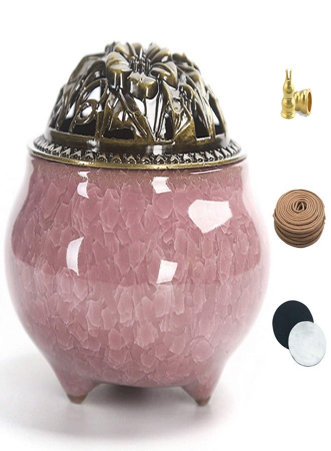 Visen Ceramic Incense Burner with Calabash Incense Holder, 3 in 1 Stick or Cone Coil Incense Burner, Brass Lid for Yoga Spa Meditation - Image 1
