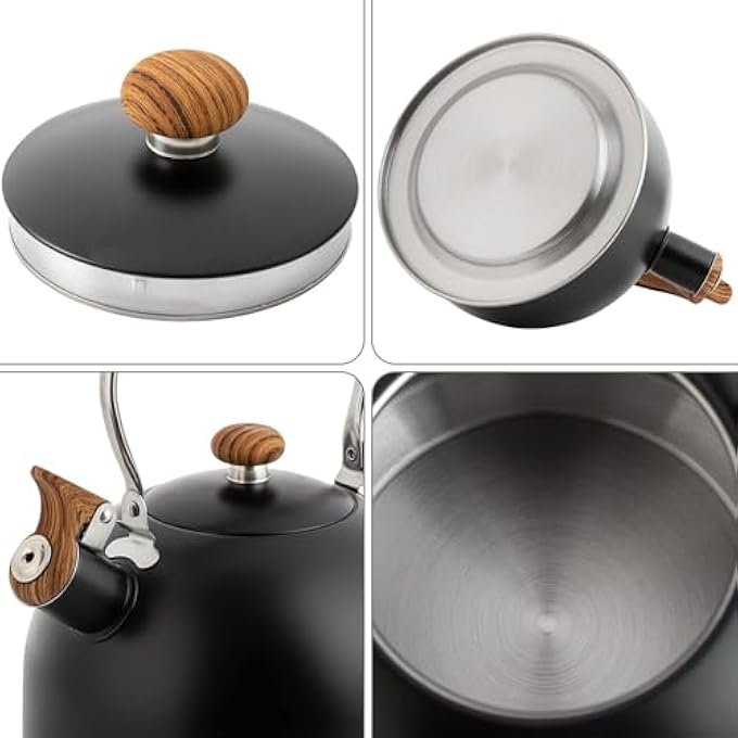 jaffiust Teakettle82 Oz 25 L Whistle Teakettle Stove Teakettle Food Grade Stainless Steel Wood Grain Folding Handle Teakettle Coffee MilkBlack - Image 4
