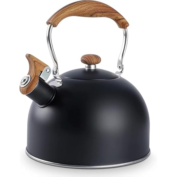 jaffiust Teakettle82 Oz 25 L Whistle Teakettle Stove Teakettle Food Grade Stainless Steel Wood Grain Folding Handle Teakettle Coffee MilkBlack - Image 2