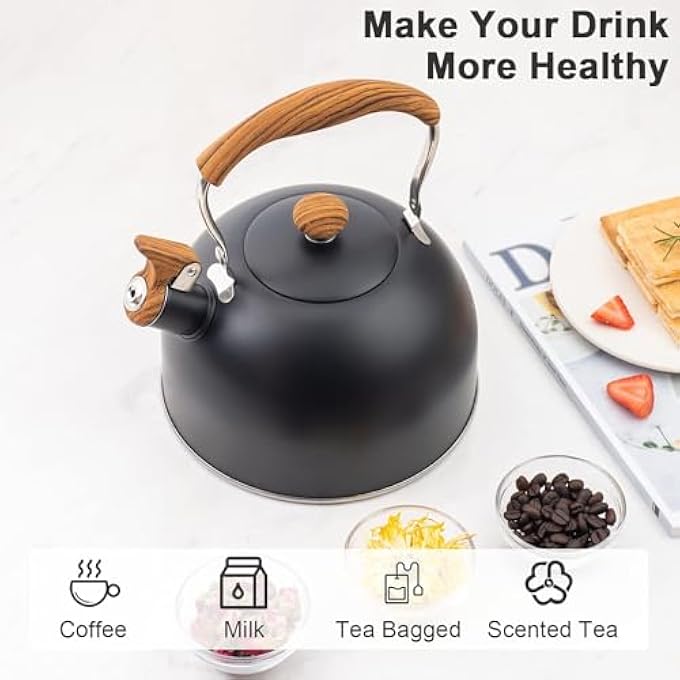 jaffiust Teakettle82 Oz 25 L Whistle Teakettle Stove Teakettle Food Grade Stainless Steel Wood Grain Folding Handle Teakettle Coffee MilkBlack - Image 5