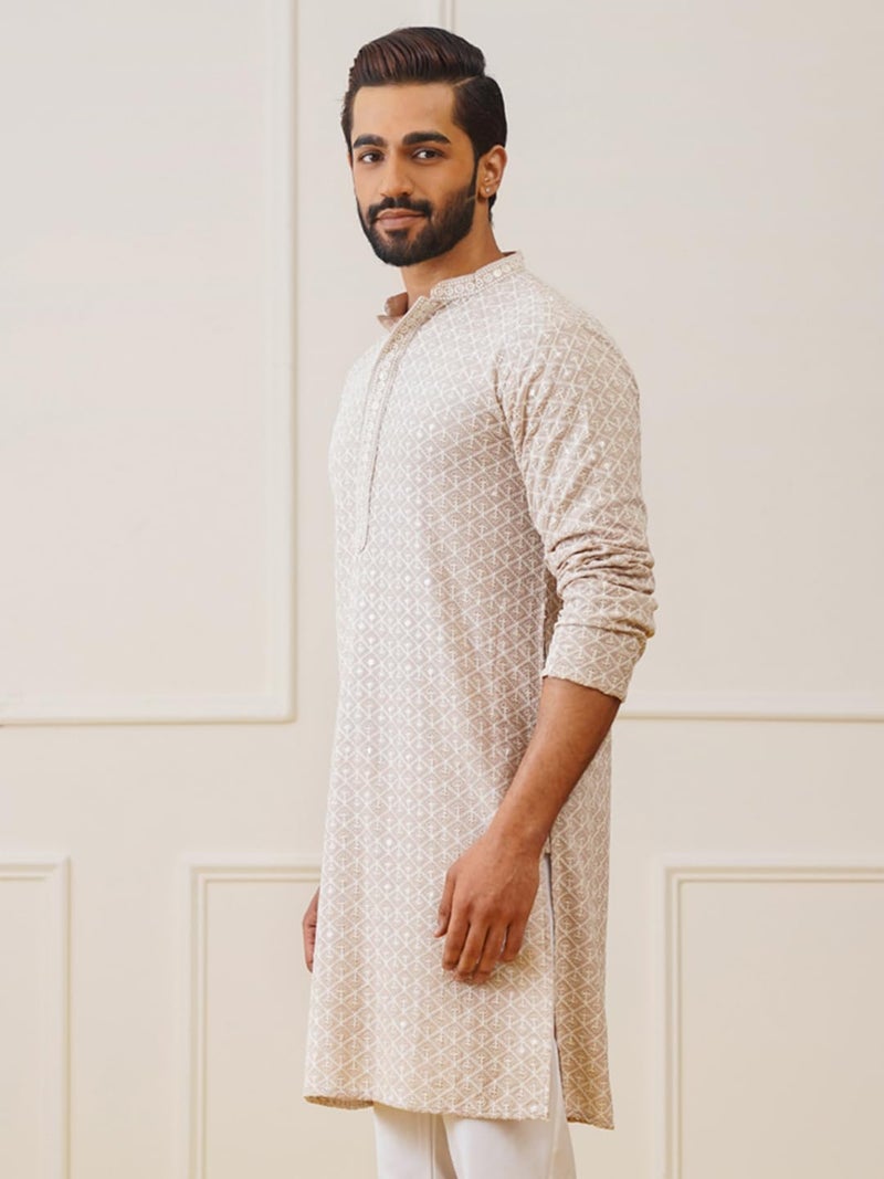 Jompers Mens Beige Sequin Embroidered Pure Cotton Kurtas (Beige, XL) - Image 3