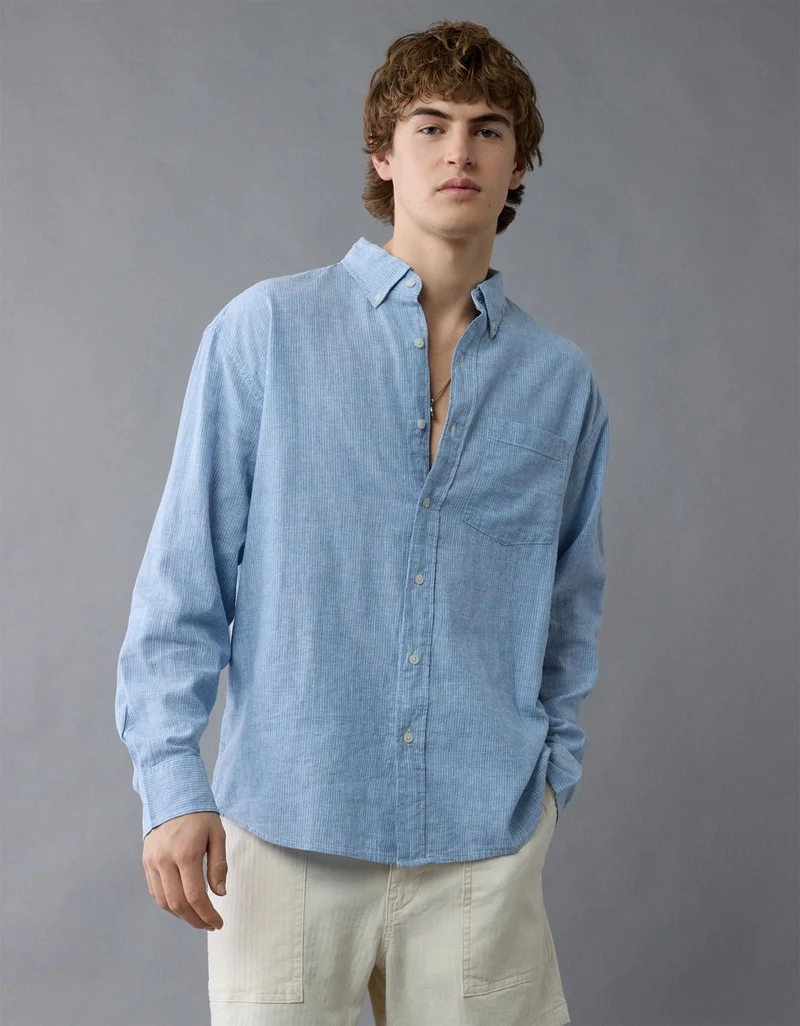American Eagle AE Everyday Relaxed Linen-Blend Button-Up Shirt