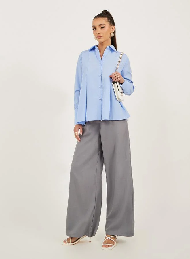 Styli Solid Long Sleeve Pleated Poplin Shirt