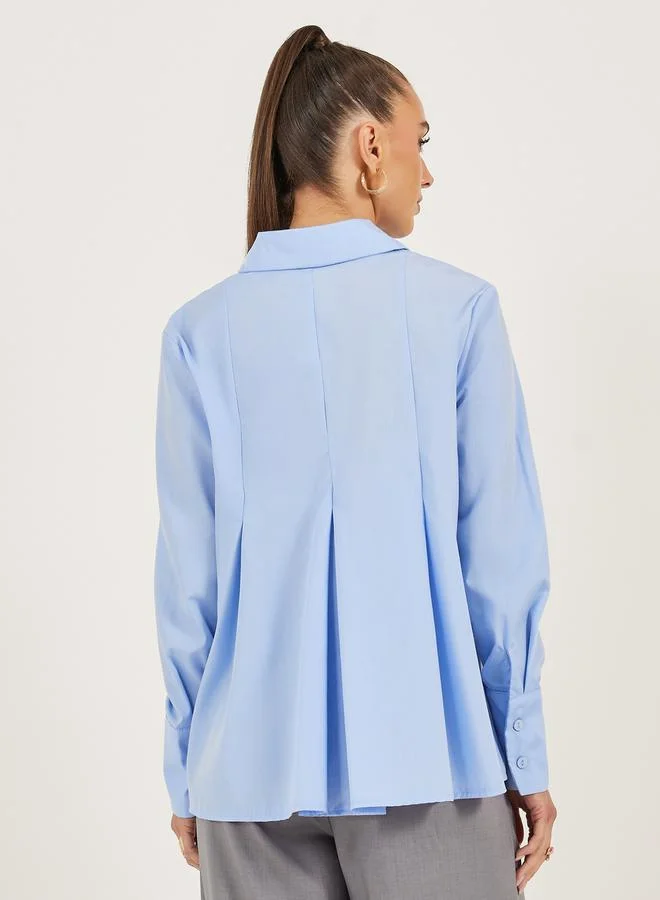 Styli Solid Long Sleeve Pleated Poplin Shirt