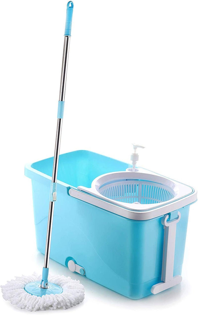 NOBILEA Plastic Popular Spin Mop with Easy Wheels Long Handle Microfibre Refill and Water Outlet in Blue with White Standard - Image 1