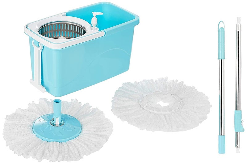 NOBILEA Plastic Popular Spin Mop with Easy Wheels Long Handle Microfibre Refill and Water Outlet in Blue with White Standard - Image 5
