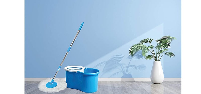 NOBILEA Plastic Popular Spin Mop with Easy Wheels Long Handle Microfibre Refill and Water Outlet in Blue with White Standard - Image 4
