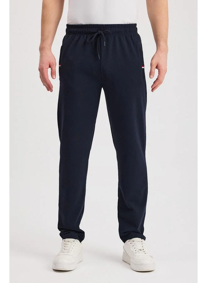 Mmetalic Navy Blue Men's Jogger Pants with Zippered Pockets, Embroidered Details, Straight Leg, Relaxed Fit, Daily Wear