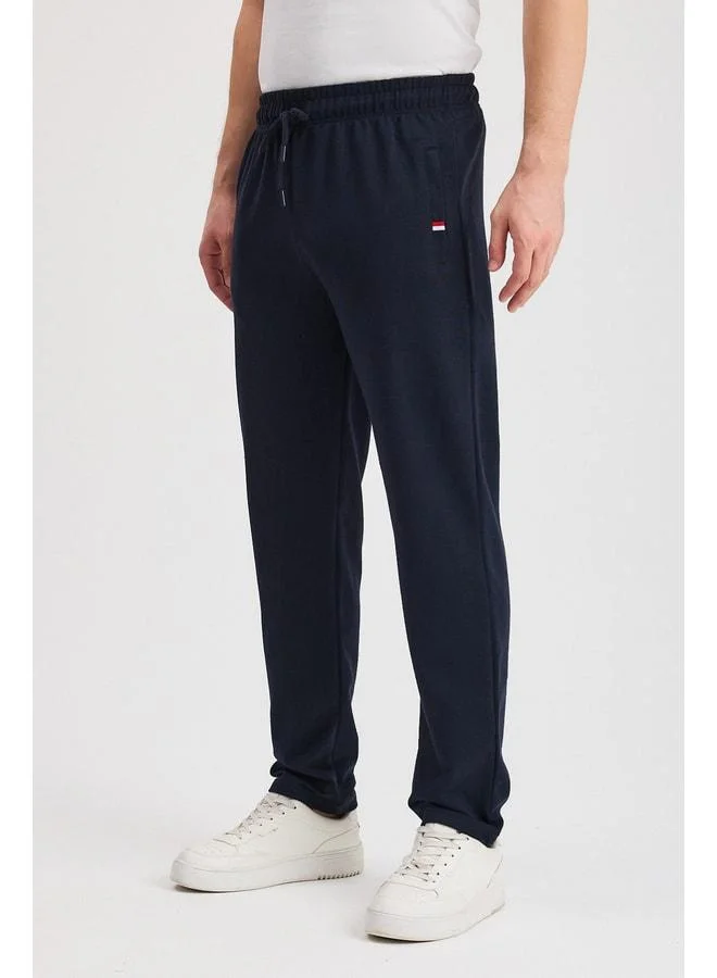 Navy Blue Men's Jogger Pants with Zippered Pockets, Embroidered Details, Straight Leg, Relaxed Fit, Daily Wear